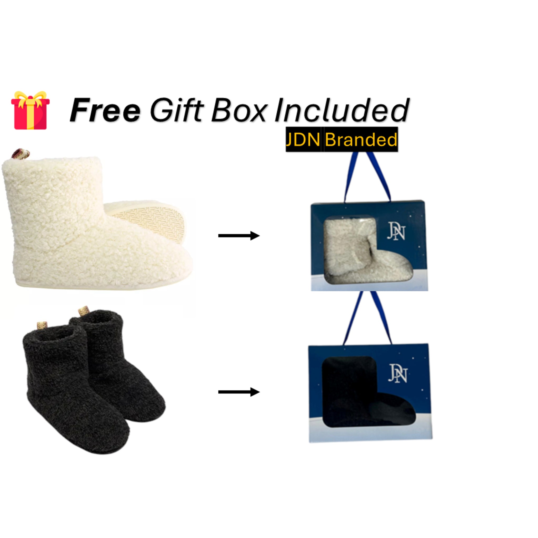 Women's white cream and black fleece-lined bootie slippers in gift box β cozy winter indoor footwear with non-slip soles